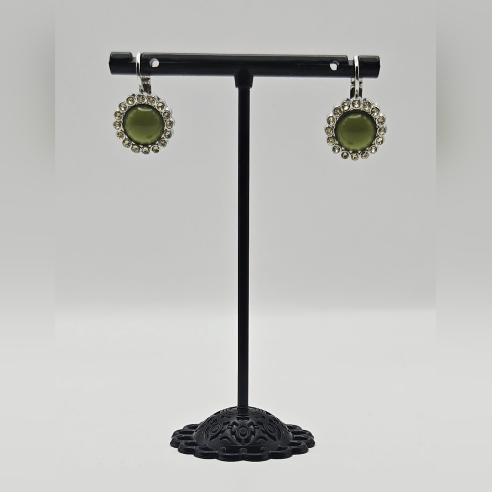 Lia Sophia Olive Green Crystal Earrings Silver Tone Round Dangle